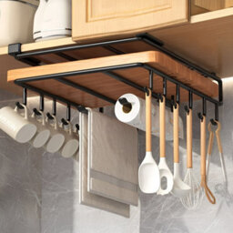 Living And Home Black Under Cabinet Storage Rack Cutting Board Holder With 12 Hooks And 2 Bars, 26Cm (W) X 25Cm (D) X 8.5Cm (H) - thumbnail 1