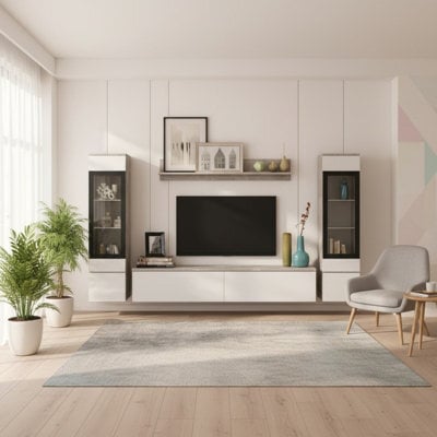 Vera Ii Modern Concrete Living Room Wall Unit Storage System With White Gloss Fronts And Led Lights - image 1