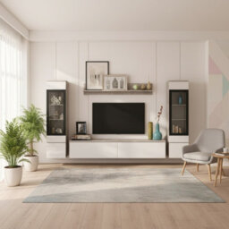 Vera Ii Modern Concrete Living Room Wall Unit Storage System With White Gloss Fronts And Led Lights - thumbnail 1