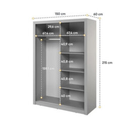 Arte Stylish Grey Lux 18 Sliding Door Wardrobe H2150mm W1500mm D600mm With Mirrored Panels - thumbnail 5