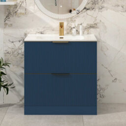 Royal Bathrooms Evora 800mm Midnight Blue Fluted Floor Standing Bathroom Vanity Unit 2 Drawer Cabinet With Ceramic Basin & Brushed Brass Handles