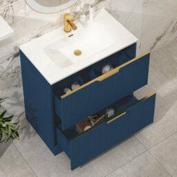 Royal Bathrooms Evora 800mm Midnight Blue Fluted Floor Standing Bathroom Vanity Unit 2 Drawer Cabinet With Ceramic Basin & Brushed Brass Handles - thumbnail 5