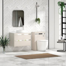 Royal Bathrooms Orion 800mm Warm Taupe Wall Hung Vanity Unit 2 Drawer With Plain White Undrilled Worktop & Chrome Accent Trim - thumbnail 3