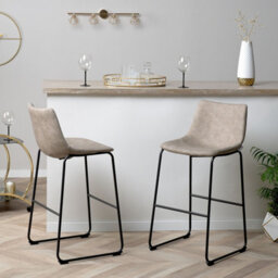 Beliani Astra Set Of 2 Bar Stools - Beige Fabric Upholstery, Black Metal Legs - thumbnail 2