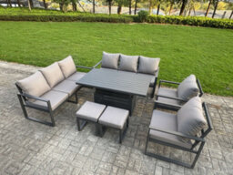 Fimous 7 Piece Garden Furniture Set 10-Seater Aluminium With Adjustable Rising Lifting Dining Table & Cushions Dark Grey - thumbnail 2