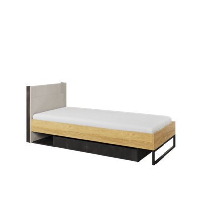 Arte Teen Flex 16 Single Bed In Oak Hickory, Silk Flou & Raw Steel - Eu Single 900mm X 2000mm - Modern Storage Bed With Led Lighting - image 1