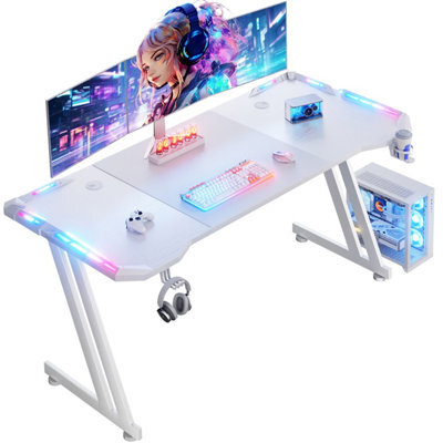 Precision Synergie White Gaming Desk With Rgb Lights, 160X60Cm Gaming Table With Headphone Hook And Cup Holder For Home Office - image 1