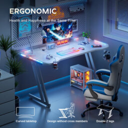 Precision Synergie White Gaming Desk With Rgb Lights, 160X60Cm Gaming Table With Headphone Hook And Cup Holder For Home Office - thumbnail 3