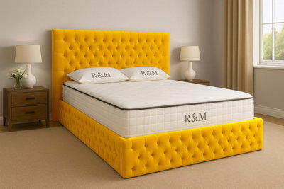5Ft King Bed Frame - Chesterfield Upholstered Winged Bed Frame - Mustard Gold Plush Velvet Fabric - image 1