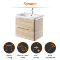 Plum&clay Eden Light Oak Wall Hung Vanity Unit With Round Resin Basin (W)640mm - thumbnail 8