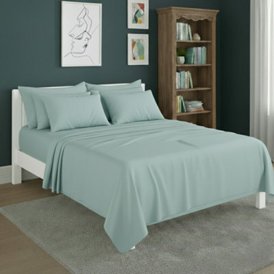 Plain Poly Cotton Easy Care Fitted Flat Sheet Matching Pillowcases Set Duck Egg Blue - image 1
