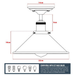 Vintage Ceiling Light Semi Flush Mount With Metal Cone Shade E27 Holder For Bedroom Livingroom Diningroom - thumbnail 3