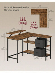 Songmics Vasagle L-Shaped Desk With 2 Spacious Drawers, Gaming Desk ,corner Desk, Computer Desk ,rustic Brown, Ebony Black - thumbnail 5