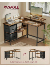 Songmics Vasagle L-Shaped Desk With 2 Spacious Drawers, Gaming Desk ,corner Desk, Computer Desk ,rustic Brown, Ebony Black