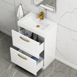 Royal Bathrooms Turin Gloss White 600mm Floor Standing Vanity Unit 2 Drawer With Minimalist Basin Sink & Brushed Brass Handles - thumbnail 3