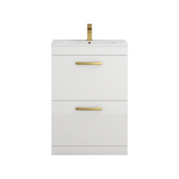 Royal Bathrooms Turin Gloss White 600mm Floor Standing Vanity Unit 2 Drawer With Minimalist Basin Sink & Brushed Brass Handles - thumbnail 6