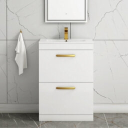 Royal Bathrooms Turin Gloss White 600mm Floor Standing Vanity Unit 2 Drawer With Minimalist Basin Sink & Brushed Brass Handles