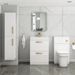 Royal Bathrooms Turin Gloss White 600mm Floor Standing Vanity Unit 2 Drawer With Minimalist Basin Sink & Brushed Brass Handles - thumbnail 2