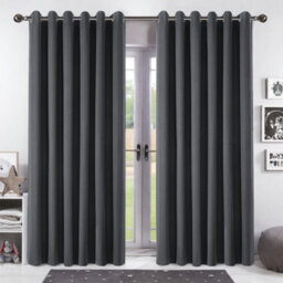 Bedlooms Charcoal Linen Curtain 100% Blackout Thermal Insulated Eyelet Curtain (Pair) 90 X 90 Inches With Tie Back Two