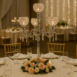Sandra Chaircovers Crystal Goblet Collection, 85Cm X 50Cm, 5 Arm Crystal Goblet Candelabra, Single, Silver, Metal And Crystal, Wedding - thumbnail 1