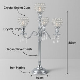 Sandra Chaircovers Crystal Goblet Collection, 85Cm X 50Cm, 5 Arm Crystal Goblet Candelabra, Single, Silver, Metal And Crystal, Wedding - thumbnail 2