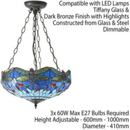 Tiffany Glass Hanging Ceiling Pendant Light Blue Dragonfly 3 Lamp Shade I00108 - thumbnail 2