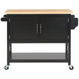 Wyld and Coco Scandihome Kitchen Trolley Black Mdf Frame With Light Wood Top, Storage Cabinet And Castors, W102 X D44 X H90Cm - thumbnail 1