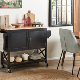 Wyld and Coco Scandihome Kitchen Trolley Black Mdf Frame With Light Wood Top, Storage Cabinet And Castors, W102 X D44 X H90Cm - thumbnail 2