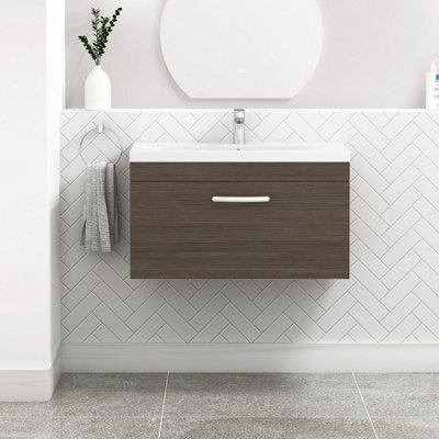 Royal Bathrooms Turin Grey Elm 800mm Wall Hung Vanity Unit 1 Drawer With Mid-Edge Basin Sink - image 1