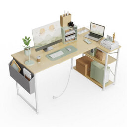 Bexevue Beige Small L Shaped 100X70Cm Reversible Computer Gaming Desk With Power Outlets And Storage Shelves - thumbnail 1