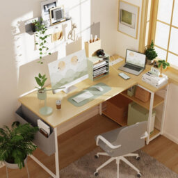 Bexevue Beige Small L Shaped 100X70Cm Reversible Computer Gaming Desk With Power Outlets And Storage Shelves - thumbnail 2