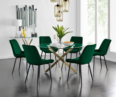 Furniturebox Uk Novara 120Cm Gold Round Dining Table And 6 Green Pesaro Black Leg Chairs - image 1