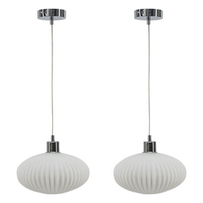 First Choice Lighting Set Of 2 Baton - White Ribbed Oval Glass With Chrome Pendant Fittings - image 1