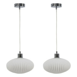 First Choice Lighting Set Of 2 Baton - White Ribbed Oval Glass With Chrome Pendant Fittings - thumbnail 1