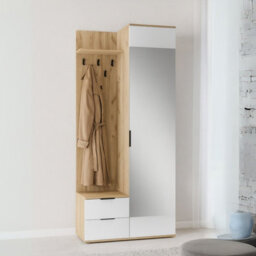 Coral Hallway Wardrobe Compact Entrance Storage With Coat Hooks Cabinet And Mirror Durable Laminated Board Golden Oak White
