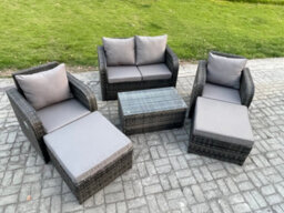 Fimous 6 Seater Garden Furniture Set Rattan Outdoor Lounge Sofa Chair With Tempered Glass Table 2 Big Footstool Dark Grey Mixed - thumbnail 2