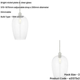Loops 2 Pack Hanging Ceiling Pendant Light - Large Bright Nickel Plate & Clear Glass - 10W Led E27 - thumbnail 2