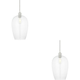 Loops 2 Pack Hanging Ceiling Pendant Light - Large Bright Nickel Plate & Clear Glass - 10W Led E27
