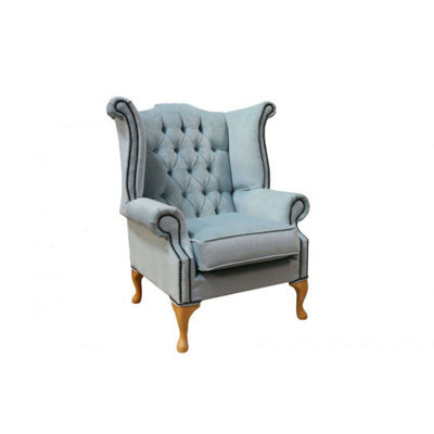 Chesterfield High Back Wing Chair Duck Egg Blue Real Fabric In Queen Anne Style - image 1