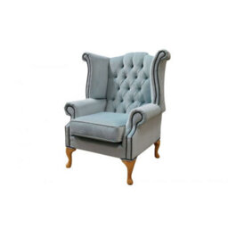 Chesterfield High Back Wing Chair Duck Egg Blue Real Fabric In Queen Anne Style - thumbnail 2