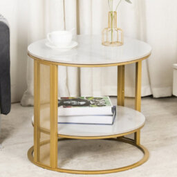 Fativo 55Cm W Two-Tier Sintered Stone Marble Effect Coffee Table Large Sofa Side End Table Golden Metal Frame - thumbnail 8