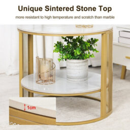 Fativo 55Cm W Two-Tier Sintered Stone Marble Effect Coffee Table Large Sofa Side End Table Golden Metal Frame - thumbnail 3