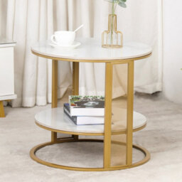 Fativo 55Cm W Two-Tier Sintered Stone Marble Effect Coffee Table Large Sofa Side End Table Golden Metal Frame - thumbnail 7