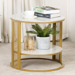 Fativo 55Cm W Two-Tier Sintered Stone Marble Effect Coffee Table Large Sofa Side End Table Golden Metal Frame - thumbnail 1