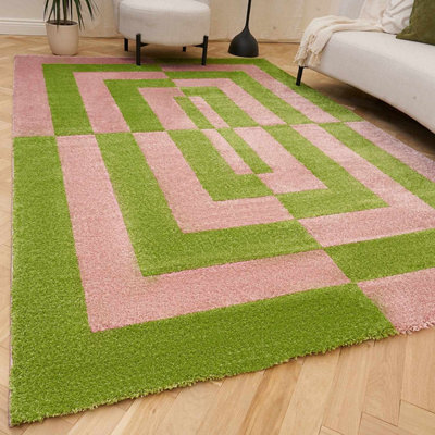 The Rugs Joli Green And Pink Geometric Rug Soft Dense Pile Easy To Clean And Pet Friendly For Living Rooms And Bedrooms - image 1