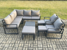 Fimous 10 Seater Outdoor Aluminium Garden Furniture Set Corner Lounge Sofa Set With Square Coffee Table 3 Footstools - thumbnail 2