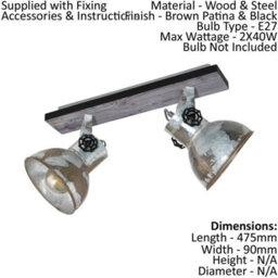 Adjustable 2 Bulb Industrial Ceiling Spotlight With Wood And Steel Shade - thumbnail 2