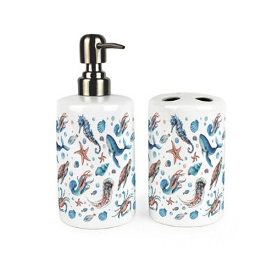 Purely Home Sea Art Bathroom Set - Refillable Ceramic Soap Dispenser & Toothbrush Holder - image 1