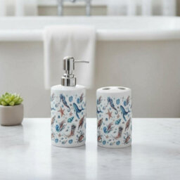 Purely Home Sea Art Bathroom Set - Refillable Ceramic Soap Dispenser & Toothbrush Holder - thumbnail 2