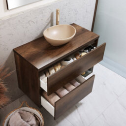 Homestylestore Dark Oak 1000mm Led Lit Wall Hung Bathroom Vanity Unit With Oval Sand Countertop Basin - thumbnail 2